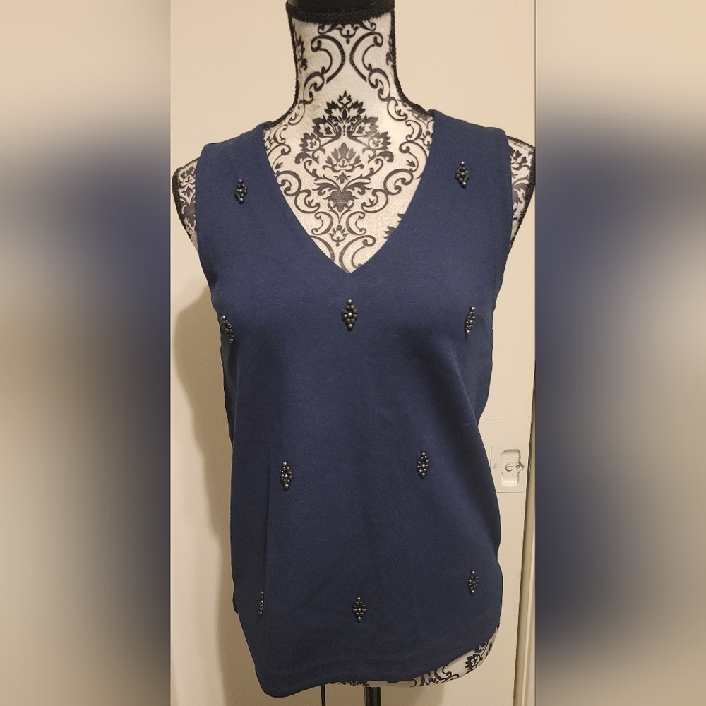 MADEWELL Women’s Navy Blue Ponte Embellished V-Neck Tank Top.‎ Size: XS